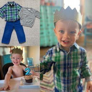 🧸 Adorable Outfit • Blue & Green Plaid Shirt with Blue Corduroys + Grey Sweater